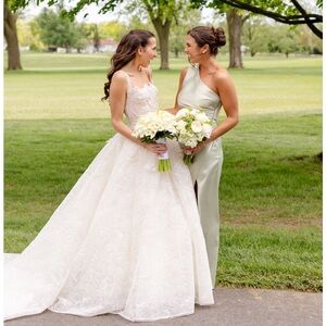 BHLDN Green Asymmetrical Ruched Gown